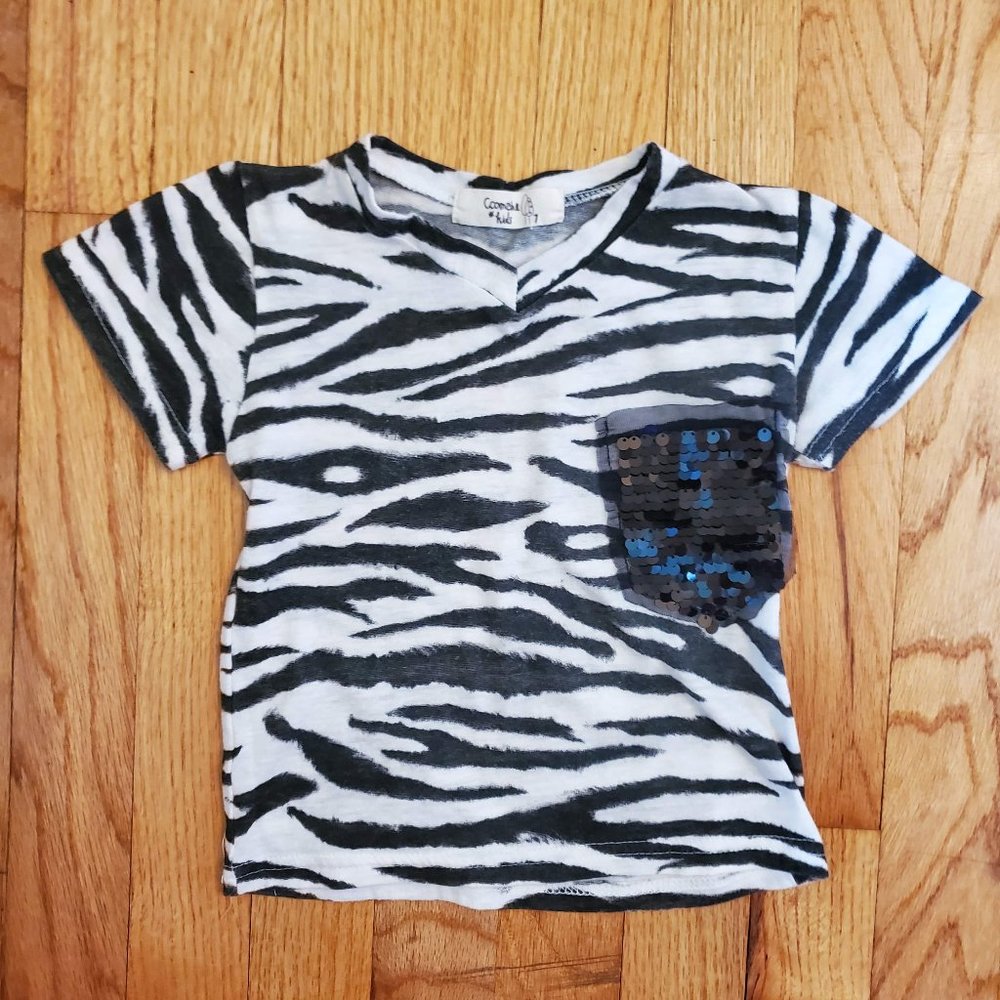 Ccomabe Kids zebra shirt with black sequin embellished pocket